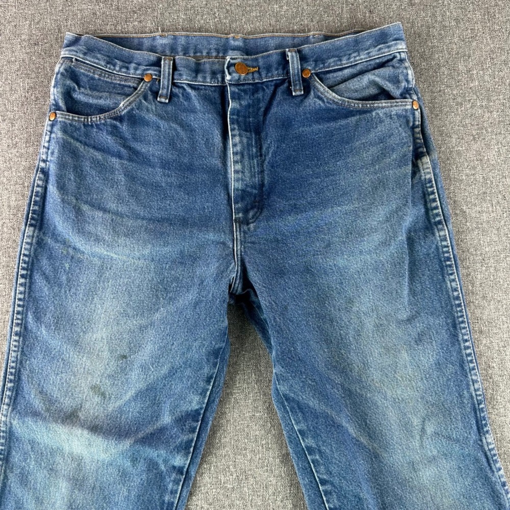 Wrangler Jeans Mens 34x32 936PWD Cowboy Cut Slim Fit Blue Denim Distressed - Picture 3 of 12